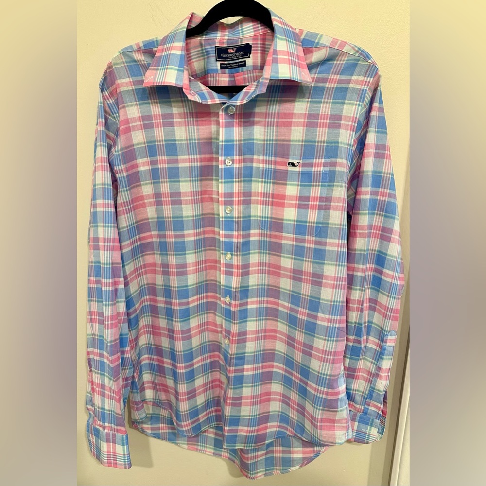 Mens Vineyard Vines Long Sleeve Plaid Pink Blue Preppy Cotton Button Down M